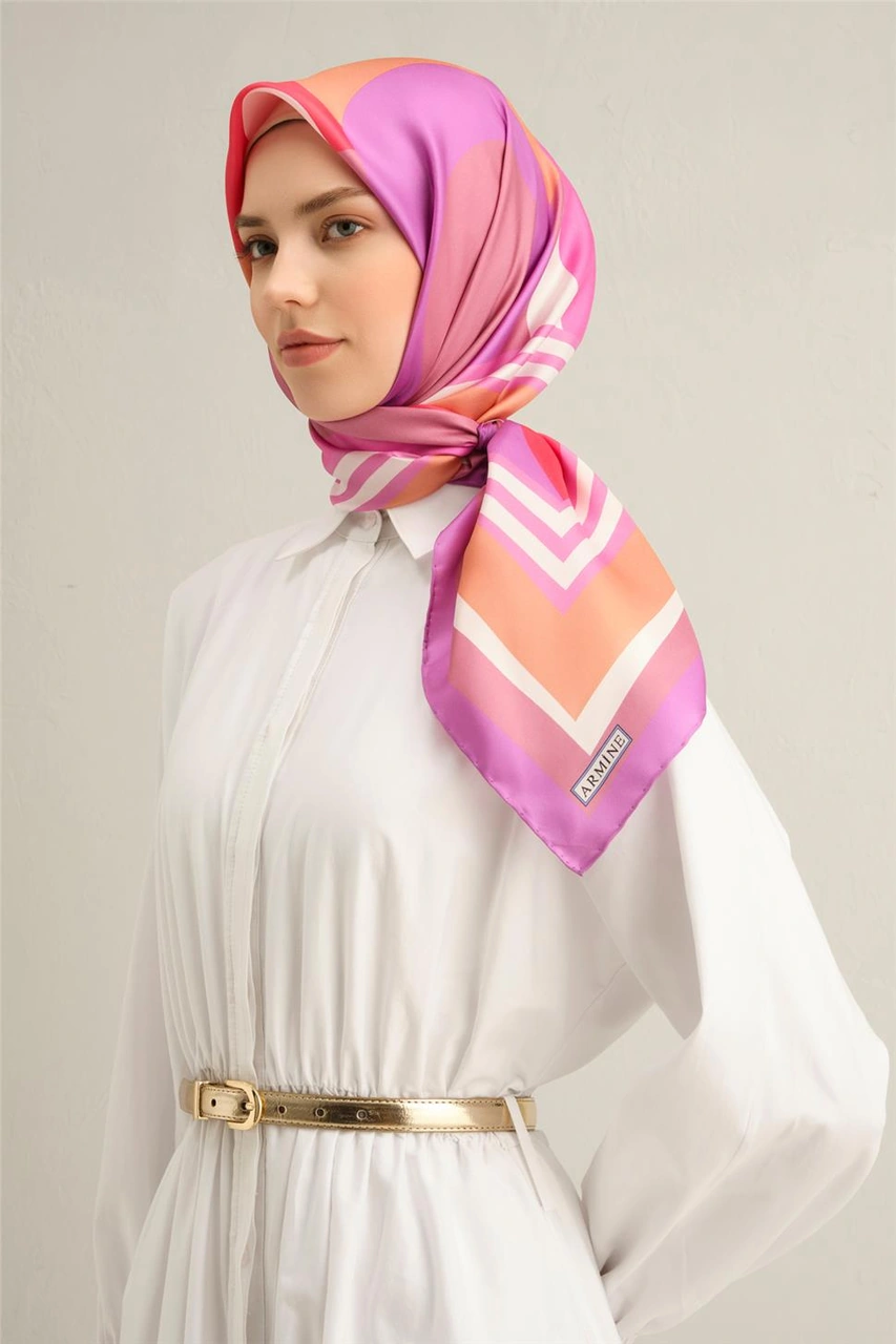 Armine Geometrik Desenli Saf İpek Sura Eşarp 9313d 57 Pembe