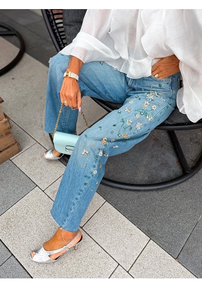 Genel Taş Detaylı Bol Paça Jeans Beyaz - Açık Lacivert
