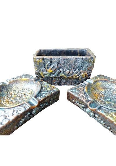 El Yapımı Vintage Eskitme Dekoratif Küllük Ve Kalemlik Seti Kabartma Desenli Bronz, Mavi Ve Altın Efektli Tasarım