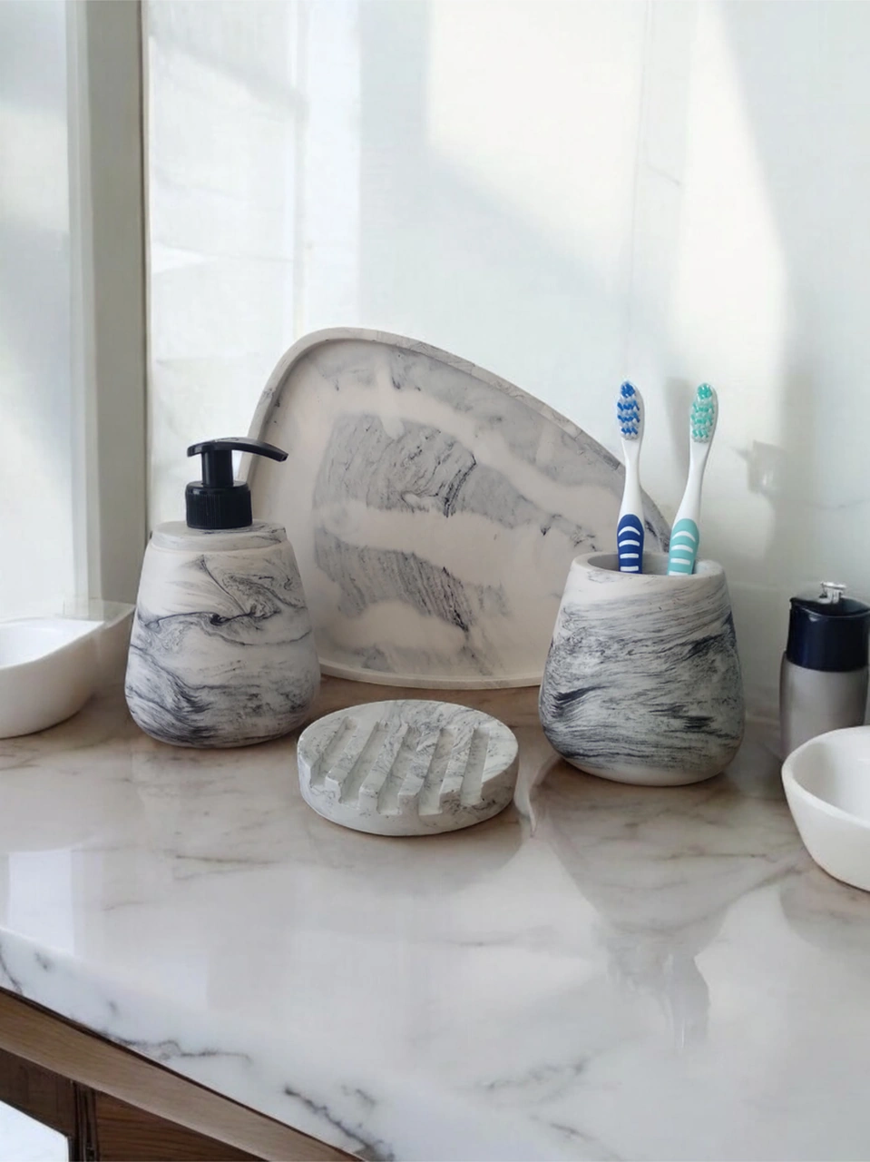4'lü Mermer Desen Banyo Seti Tuvalet Gri