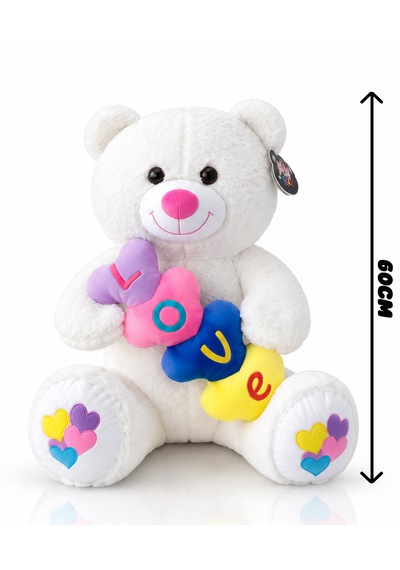 Renkli Kalpli Ayıcık Peluş Oyuncak Ayıcık 60cm - Hediyelik Peluş Oyuncak 001 - Beyaz