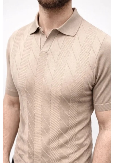 Suma Erkek Yazlık Triko Dokuma Tişört Kısa Kol Polo Yaka T-shirt - Bej