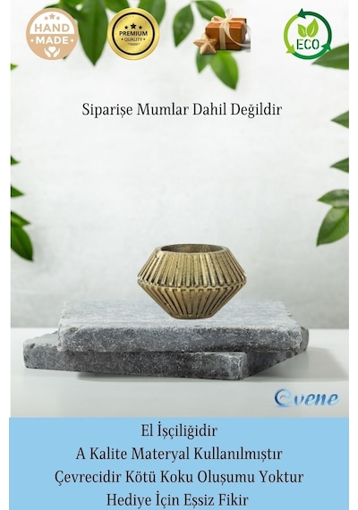 Mumluk Şamdan 3 Adet Tealight Uyumlu Elmas Çizgili Model - Altın Eskitme