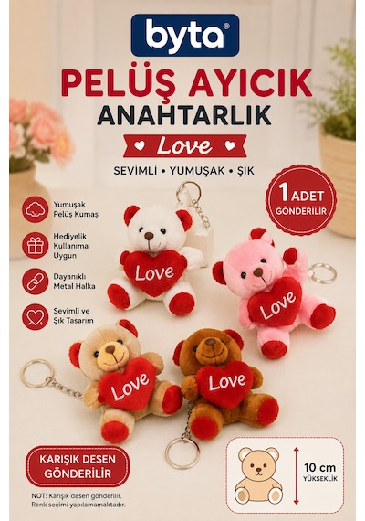 Peluş Love Ayıcık Anahtarlık 10 Cm Karışık Renkli Çanta Süsü Ve Anahtar Aksesuarı 1 Adet -hediyelik Çok Renkli