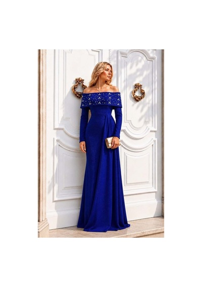 DefyModa Kadın Trend Degaje Yaka Dekolteli Maxi Uzun Kollu Abiye Elbise Saks