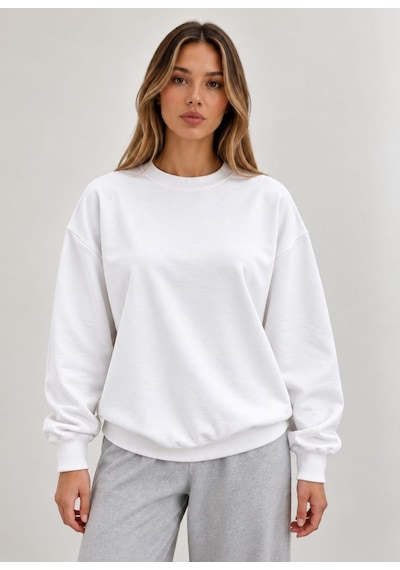 Kadın Şardonsuz İki İplik Sweatshirt Beyaz