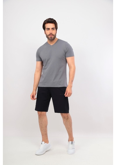 Erkek V Yaka Tshirt Şort Cep Fermuarlı Alt Üst Takım Gri Lacivert