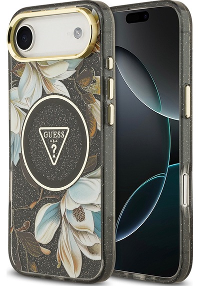 Apple Uyumlu iPhone 17 Air Kılıf Guess Lisanslı M-safeli Simli Çiçek Desenli Metal Kamera Çerçeveli Kapak Siyah Siyah