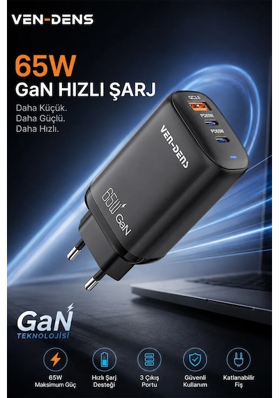 Ven-dens Sp-tc91bg 65 W Pd 3 Portlu Hızlı Şarj Adaptörü, 2 Usb-c Ve 1 Usb-a, Qc 3.0 Desteği, Siyah
