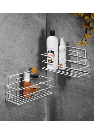 Sas Haus 2'li Beyaz Yapışkanlı Banyo Rafı, Duş Şampuanlık, Paslanmaz Metal Duvar Rafı (Vidala veya Yapıştır) - TŞ-01