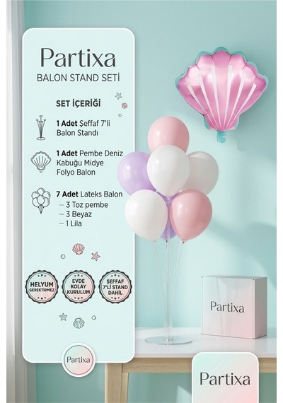 Pembe Deniz Kabuğu Midye Balon Stand Seti Şeffaf 7 Li Stand + Pembe Midye Folyo Balon + 7 Lateks Balon