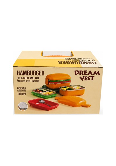 Dream Vest Üç Katlı Hamburger Çelik Beslenme Kutusu 1360ml Turuncu U