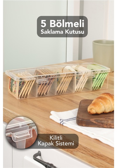 5 Bölmeli Şeffaf Saklama Kutusu - Mutfak Banyo Organizer Düzenleyici Çok Amaçlı Kutu Şeffaf