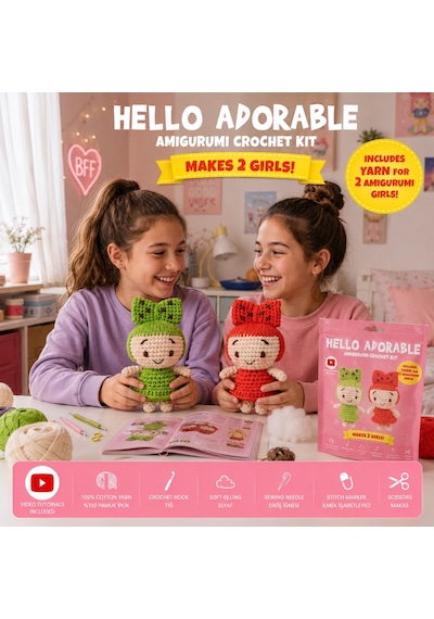 Bakgelal Hello Adorable Amigurumi Kız Bebek Yapım Kiti 2'li Bff Kendin Yap Örgü Hobi Seti