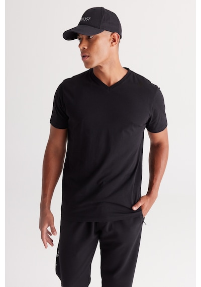 AC&Co / Altınyıldız Classics Erkek Sıyah-sıyah 2'li Slim Fit Dar Kesim V Yaka Tişört Siyah