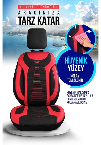 Siyah - Kırmızı Garni Panda Bakü Serısı Keten Kumaş Oto Koltuk Kılıfı - Tam Set