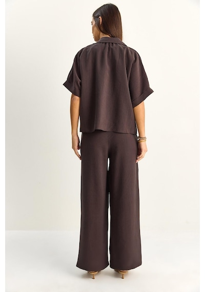 Shade Kadın Oversize Kısa Kol Gömlek Beli Lastikli Geniş Paça Pantolon Takım 7651 60286138 - Acı Kahve Çok Renkli
