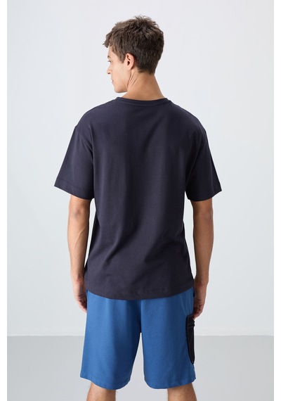 Tommy Life Lacivert Pamuklu Kalın Yumuşak Dokulu Oversize Fit Baskılı Erkek T-shirt - 88333 Lacivert