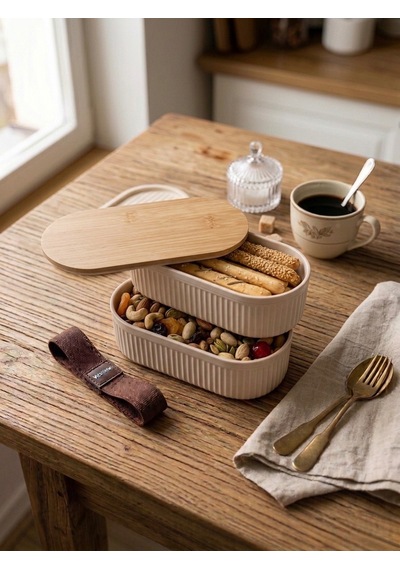 Premium Bambu Kapaklı Çift Katlı Lunch Box - Modern Tasarım Kilitli Beslenme Kutusu Ve Saklama Kabı Krem