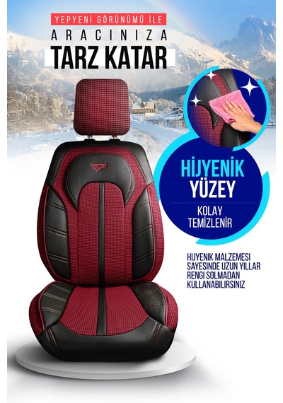 Bordo - Siyah Panda Kars Serısı Kazayağı Kumaş Oto Koltuk Kılıfı - Tam Set