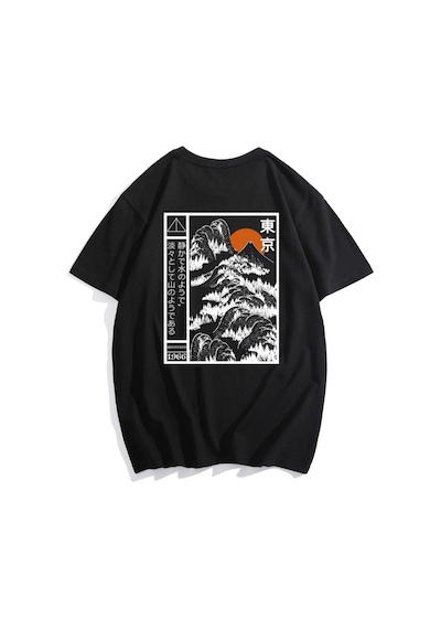 Erkek Siyah Oversize Dağ Japan Baskılı T-shirt Siyah
