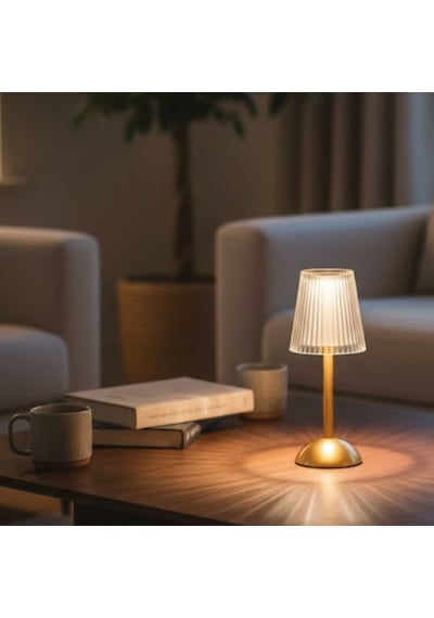 Buffer Uzun Klasik Çizgili Model Led Masa Lambası Dokunmatik, 3 Renk Işık Modlu, Şarjlı Çok Renkli