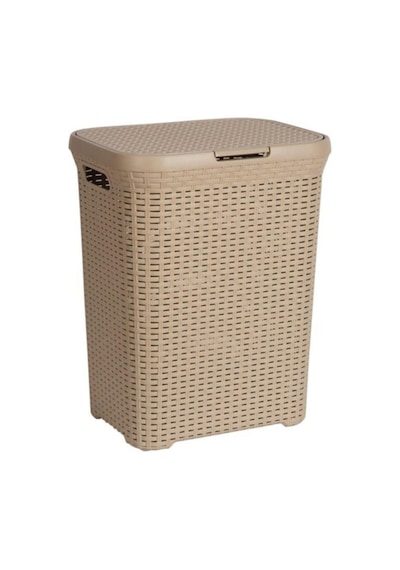 Bej Plastik Hasır Desenli Kapaklı Çamaşır Sepeti 55 x 43 x 33 CM