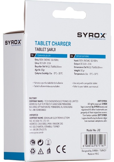 Syrox J12 Tablet Şarj Aleti Micro Usb Giriş 5V 2A