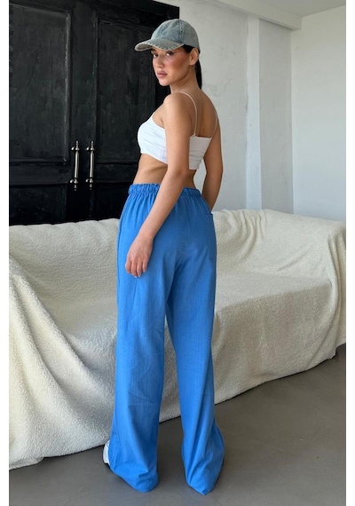 Madmext Saks Beli Büzgülü Wide Leg Kumaş Pantolon Mg1950 Saks