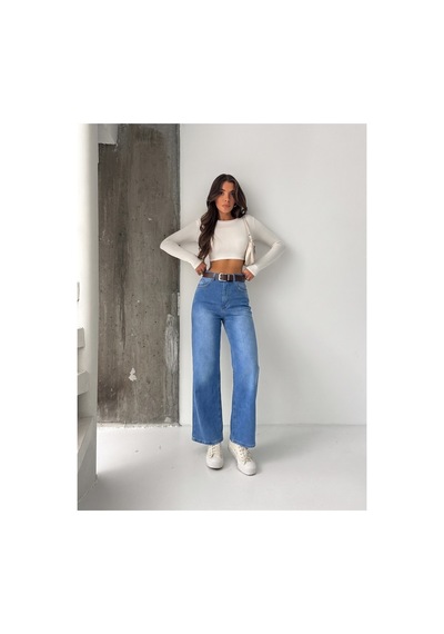 Bluemarlin Mavi İşlemli Likralı Kemerli Tam Kalıp Denim Pantolon Mavi İşlemli