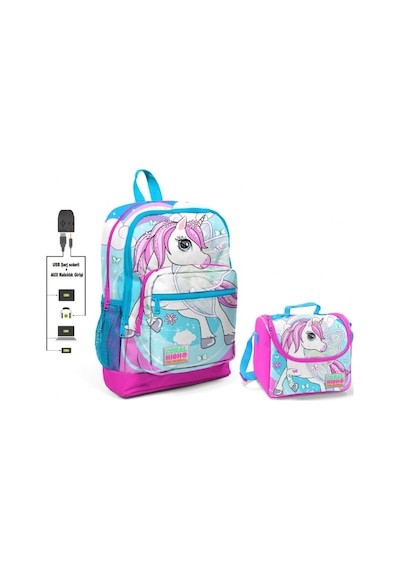 Coral High Mavi Unicorn Baskılı Okul Çantası ve Beslenme Çantası USB Soketli