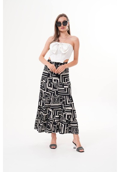 Polologin Butik Siyah Bej Etnik Desenli Viskon Kumaş Spor Tesettür Etek Siyah