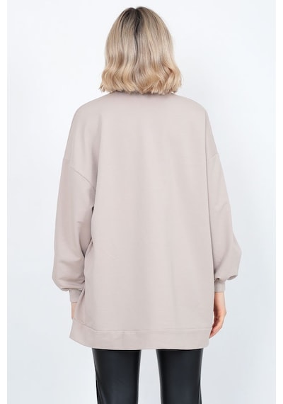 Kadın Uzun Kollu Oversize Sweatshirt Nakişli Bej