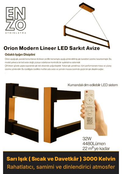 Orion Bronz Lineer Led Sarkıt Avize Kumandalı Dim Edilebilir Aşağı Işık Sarı Işık