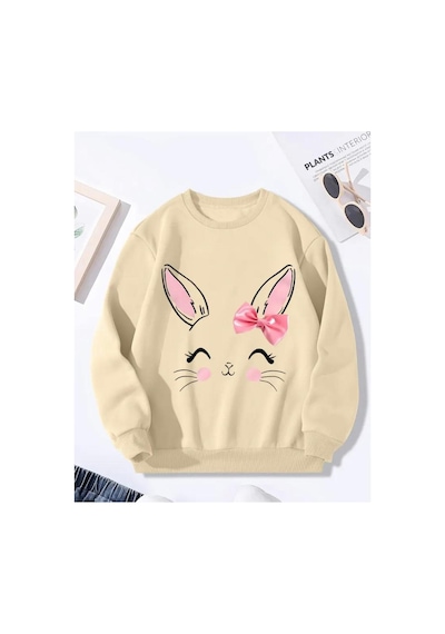 Herkesemoda Sevimli Tavşan Baskı Detaylı Bisiklet Yaka İçi Polarlı Sweatshirt Bej
