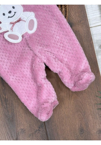 101 Dalmaçyalı Peluş Ayıcık Nakışlı Patikli Çıtçıtlı Kışlık Erkek Bebek Tulum Gül Kurusu