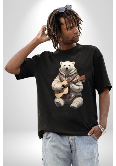 Kutup Ayısı Gitar Polar Çeket Pamuklu Bisiklet Yaka Unisex Oversize Boyfriend Dijital Baskılı Siyah T-shirt Siyah