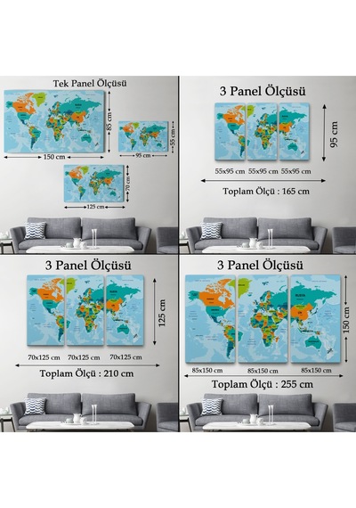 Türkçe Dünya Haritası Ülke Başkentli Ve Okyanuslu Dekoratif Kanvas Tablo 2230 95 X 55