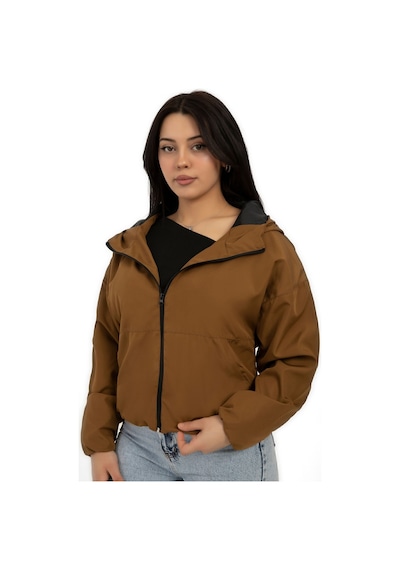Kadın Taba Kapüşonlu Su Ve Rüzgar Geçirmez Cepli İçi Astarlı Oversize Yağmurluk Taba