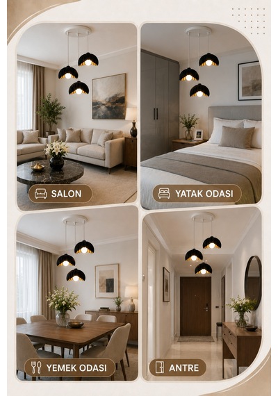 Lotus Çiçek Tasarım Üçlü Sarkıt Avize - Modern Tasarım Gece Lambası İç Dış Ortama Uygun - 25 Cm - Kahverengi Siyah