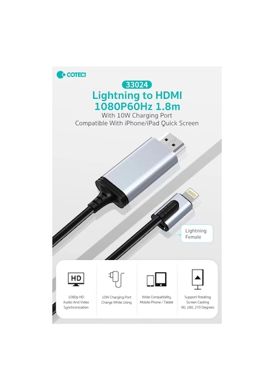 Lightning To Hdmı Kablo iPhone Uyumluİpad Tv Görüntü Aktarıcı 10w Şarj Girişli 1080p 60hz 1.8 Metre