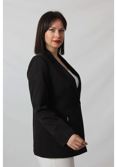 Moda Berray 1904 Siyah Fermuarlı Cep Aksesuarlı Kadın Büyük Beden Blazer Ceket Siyah