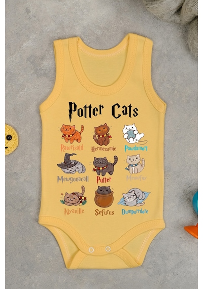Bebetospik %100 Pamuklu Potter Cats Baskılı Yumuşak Doku Baskılı Zıbın & Body Sarı