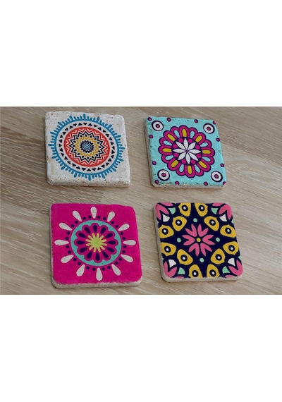 Tablosan Mandala Desenleri Doğal Taş Bardak Altlığı 4'lü Set 174138 Çok Renkli