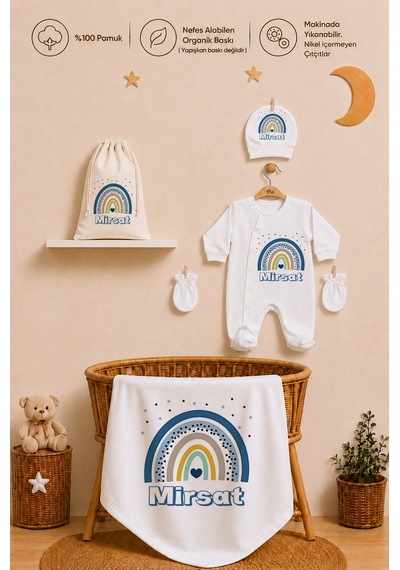 Pia Baby İsme Özel %100 Pamuk Erkek Bebek Yastık Battaniyeli Tulum Set Kese Hediyeli 1091tybk0x Krem