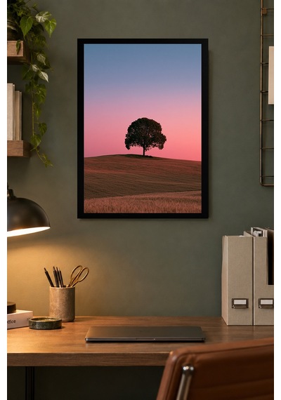 Tek Ağaçlı Pembe Ufuk Desenli Dekoratif Mdf Tablo, Çerçeve Görünümlü Ahşap Poster