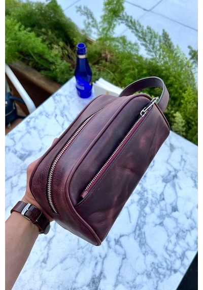 Marble Antik Bordo Hakiki Deri Erkek El Çantası Günlük-seyahat-spor-traş Bakım Bordo