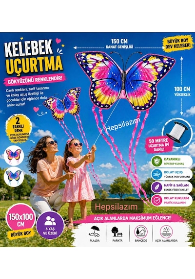 Uçurtma Kelebek Desenli Büyük 150x100cm Uçan Dış Mekan Bahçe Piknik Kız Çocuk Oyuncağı