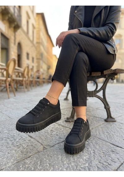 Gamelu Vıgor Kadın Lastikli Memory Foam Kalın Taban Keten Sneaker Ayakkabı Siyah