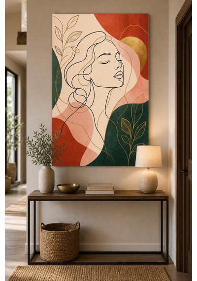 Kadın Portre Desenli Baskılı Cam Tablo Modern Line Art Uv Baskı Duvar Tablosu